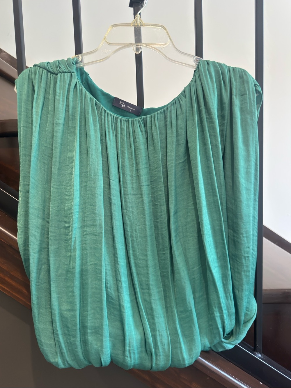 Green Pleated Bubble-Hem Blouse